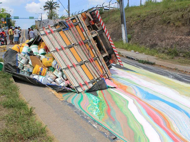 Truck with 14 Tons of Paint Rolls Over Painting the Road in Vibrant Colors
