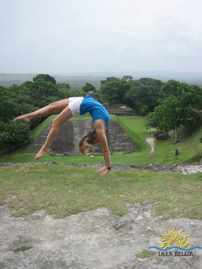 Student Puts On An Acrobatic Show Ontop Of Xunantunich, A Maya Ruin In Belize