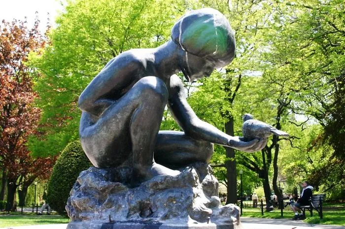 Boy And Bird At The Boston Public Garden