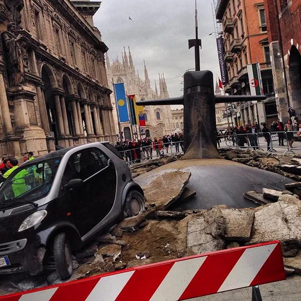 Submarine Crashes Through Streets Of Milan In Creative Publicity Stunt