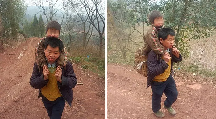 Chinese Father Carries His Disabled Son 18 Miles To School Every Day