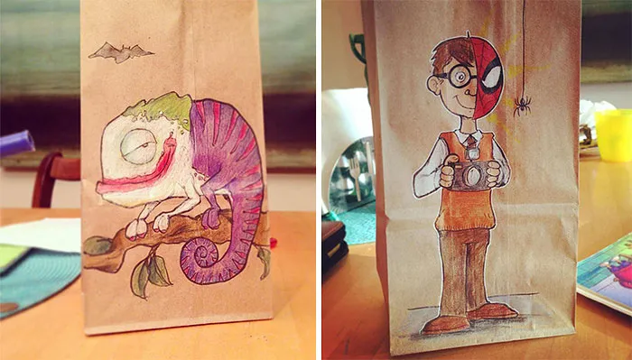 Dad Drew Cool Cartoon Characters On His Son's Lunch Bags Every Day For The Last 2 Years