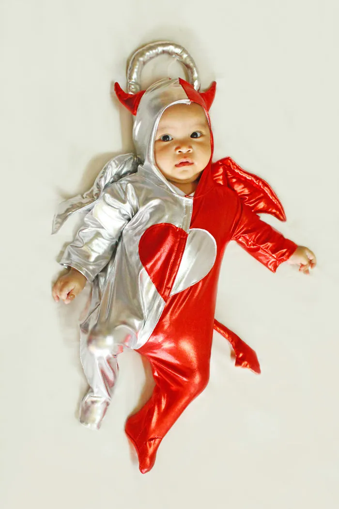 Baby wearing a red and silver costume with devil horns and angel halo, perfect for children's Halloween costume ideas.