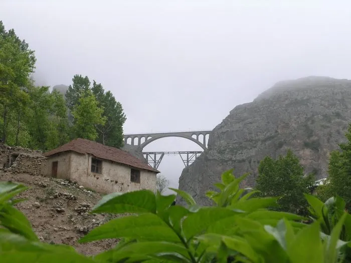 Arch bridge rising through misty mountains near rustic house surrounded by lush greenery and foggy landscape, mystical bridges scene
