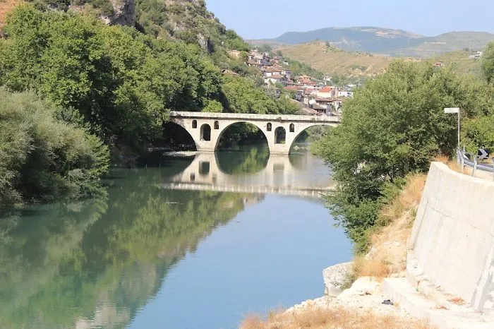 Stone bridge over calm river surrounded by lush greenery, reflecting mystical bridges in a serene, natural landscape.
