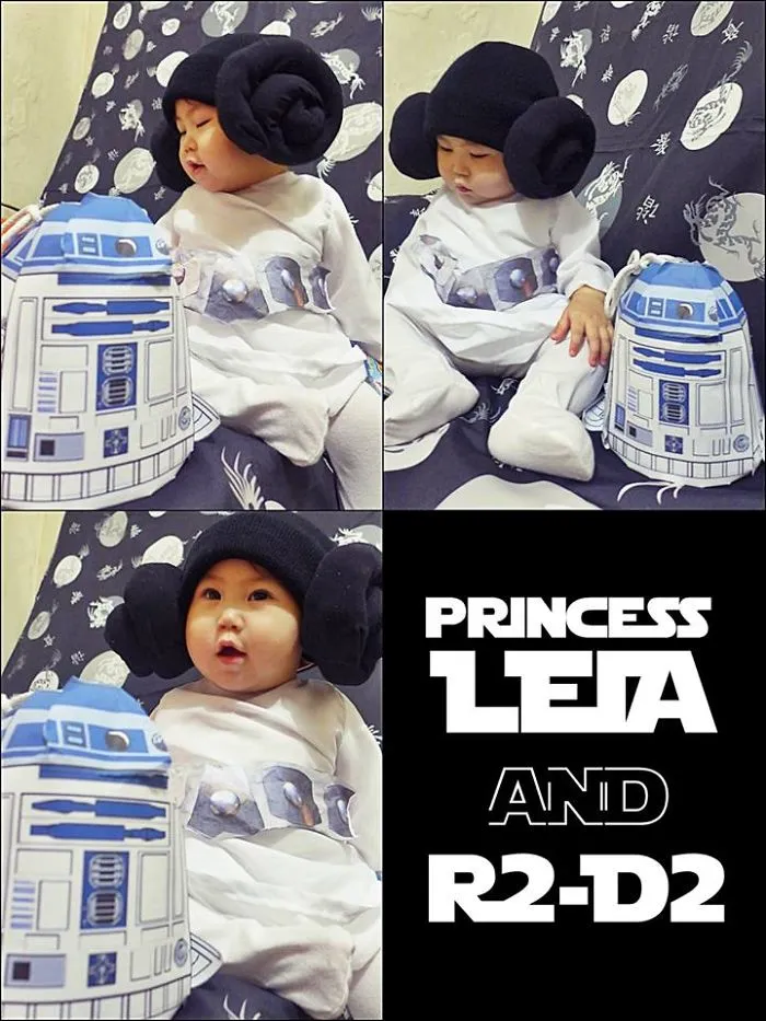 Child dressed as Princess Leia with R2-D2 toy, a creative children's Halloween costume idea for themed events.