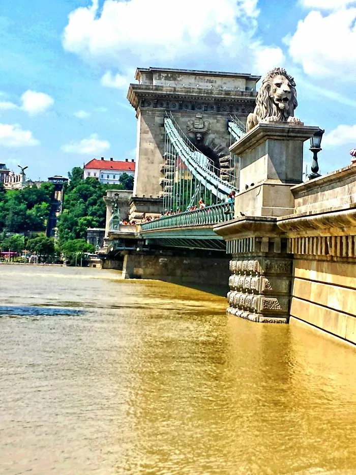Stone lion statue on a mystical bridge over a river with blue sky and green trees in the background.