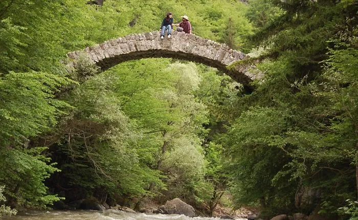 Two people sitting on a mystical stone bridge surrounded by lush green trees over a flowing river.