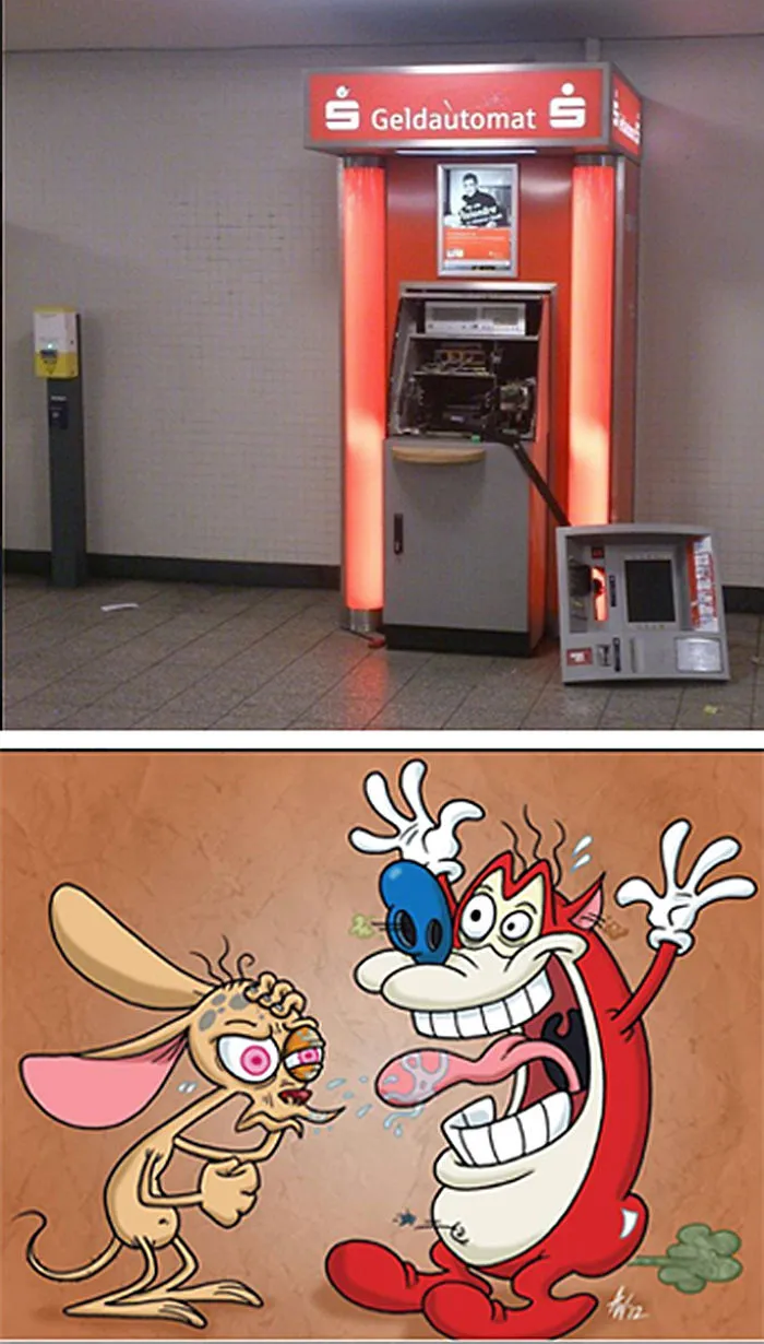 Vandalized Berlin Atm & Subway Ticket Stamper - Ren & Stimpy