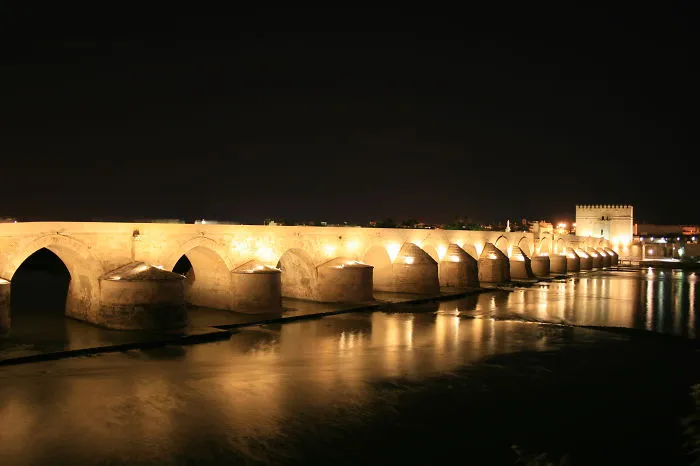 Mystical ancient stone bridge illuminated at night, reflecting on calm water, creating a magical and otherworldly atmosphere.