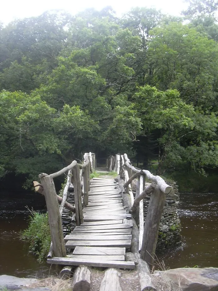 Rustic wooden mystical bridge crossing a river surrounded by lush green forest, inviting a journey to another world.