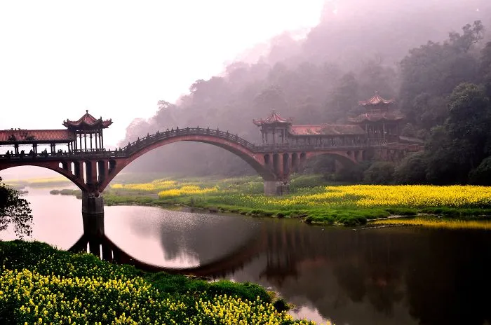 Mystical arched bridge with traditional roofs crossing a river surrounded by misty hills and yellow flowers.