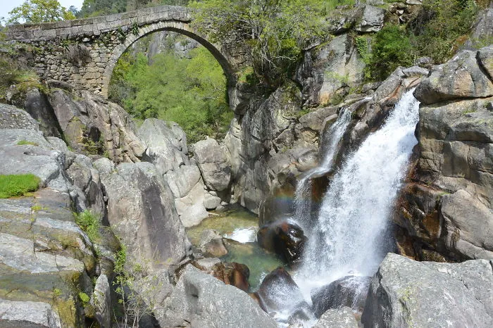 Ancient stone bridge arching over rocky waterfall surrounded by lush green forest and clear flowing water.