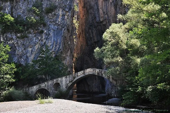 Ancient mystical stone bridge arching over a calm river, surrounded by towering cliffs and lush green trees.