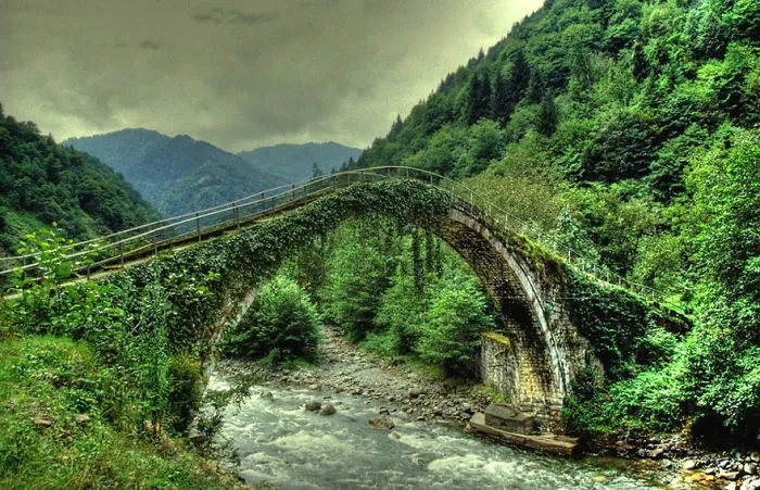 Ancient mystical stone bridge covered in greenery spanning a flowing river surrounded by lush forest and misty mountains.