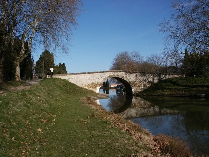 Stone arch bridge over calm river surrounded by grass and trees, a mystical bridge in a peaceful natural setting