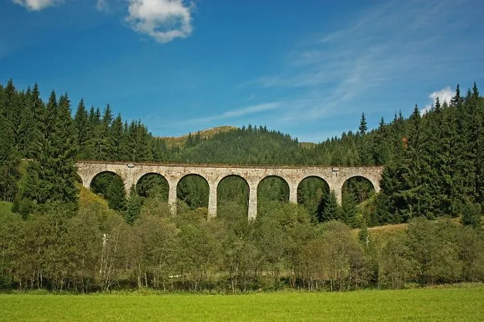 Stone arch mystical bridge surrounded by forest under a blue sky, blending nature and ancient architecture in a serene landscape.