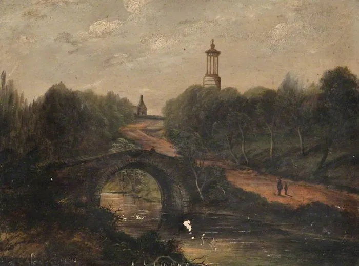 Stone mystical bridge over calm river surrounded by trees and a path leading to a distant tower in a misty landscape.