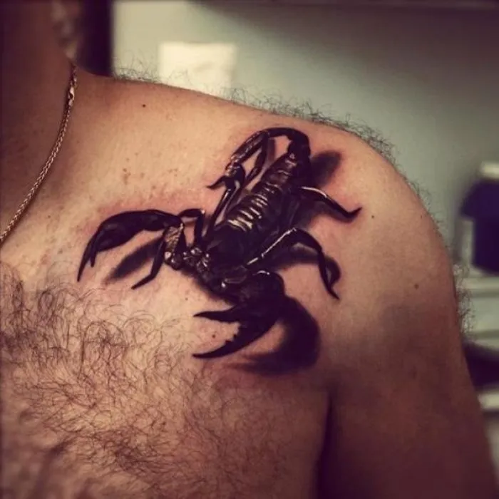 3D scorpion tattoo on a person's shoulder, creating a realistic and mind-twisting effect.