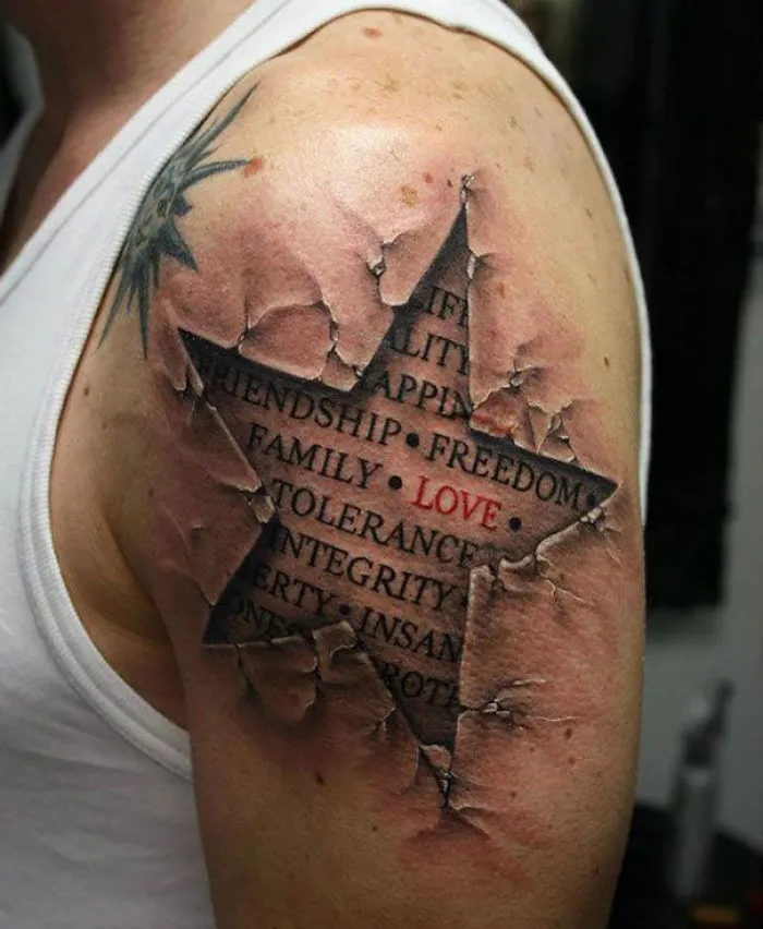 3D tattoo of a star with words like "family" and "love" on a person's upper arm, creating an illusion of torn skin.