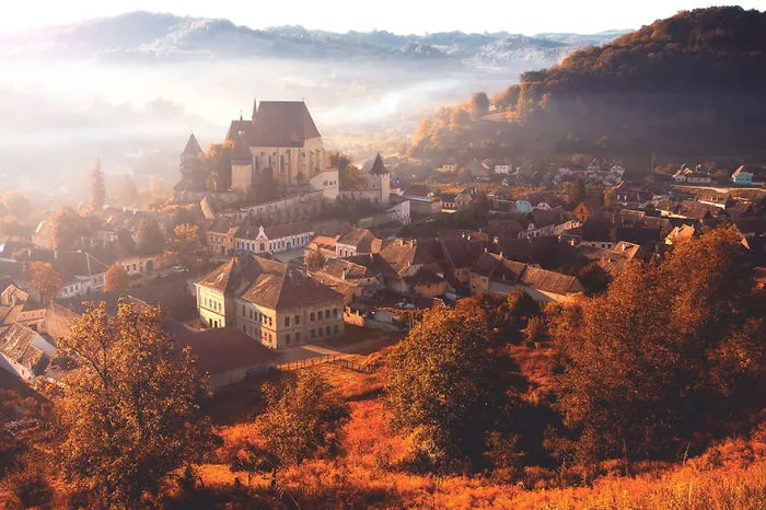 Autumn Morning Fog In The Village Biertan