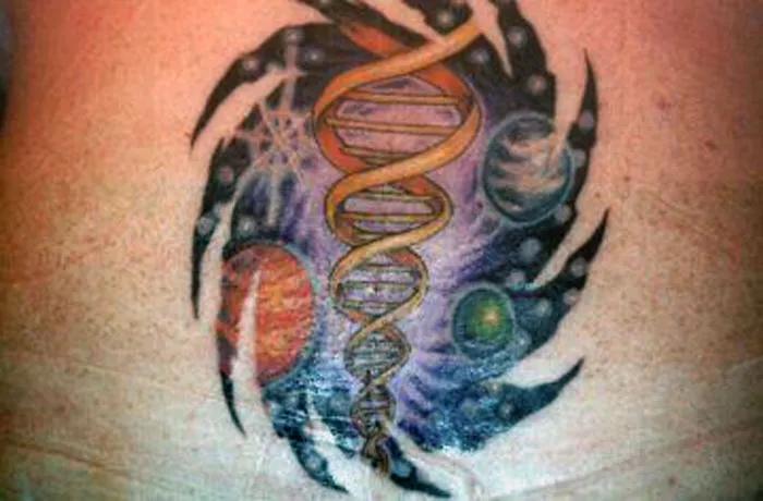 Colorful cosmic tattoo on back featuring planets and DNA helix, perfect for astronomy enthusiasts.