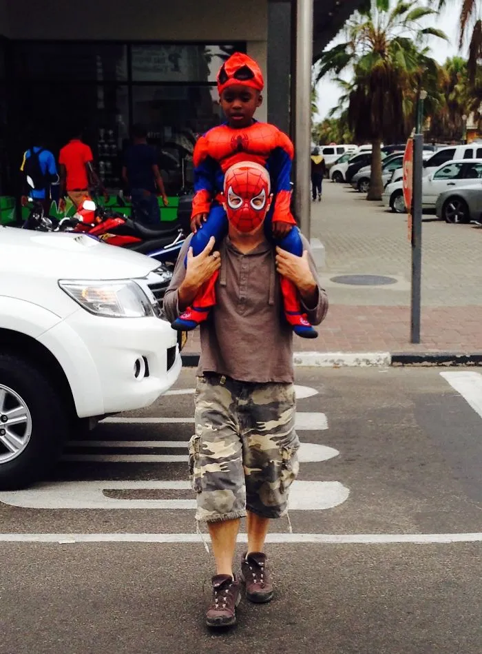 Spiderdaddy And Spiderman Picking Up Spidey's Third Birthday Cake