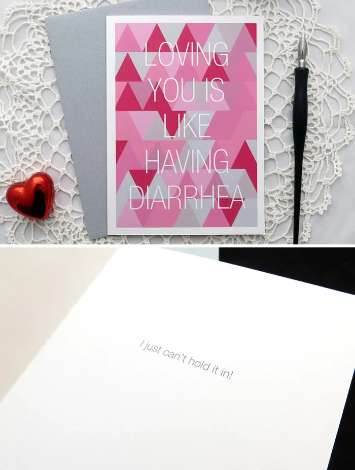 Unconventional Valentine's Day card with humorous message about love and diarrhea, featuring a pink geometric design.