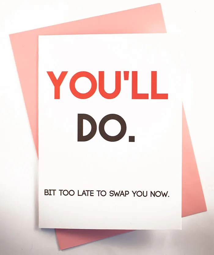 Unconventional Valentine's Day card with "YOU'LL DO" in bold text, showing humor and honesty.
