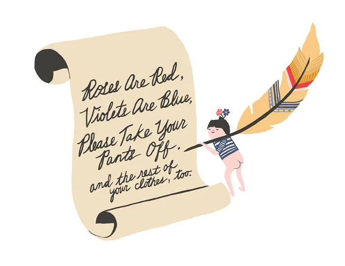 Unconventional Valentine's Day card with cheeky poem on a scroll and a cartoon character holding a quill.