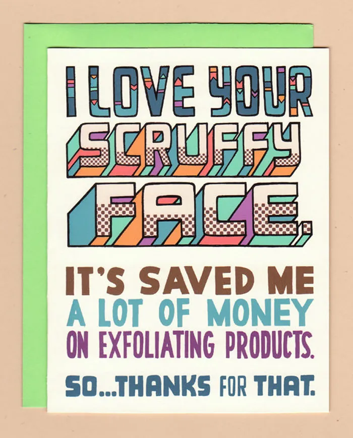 Unconventional romantic Valentine's Day card with humorous text about saving on exfoliating products.