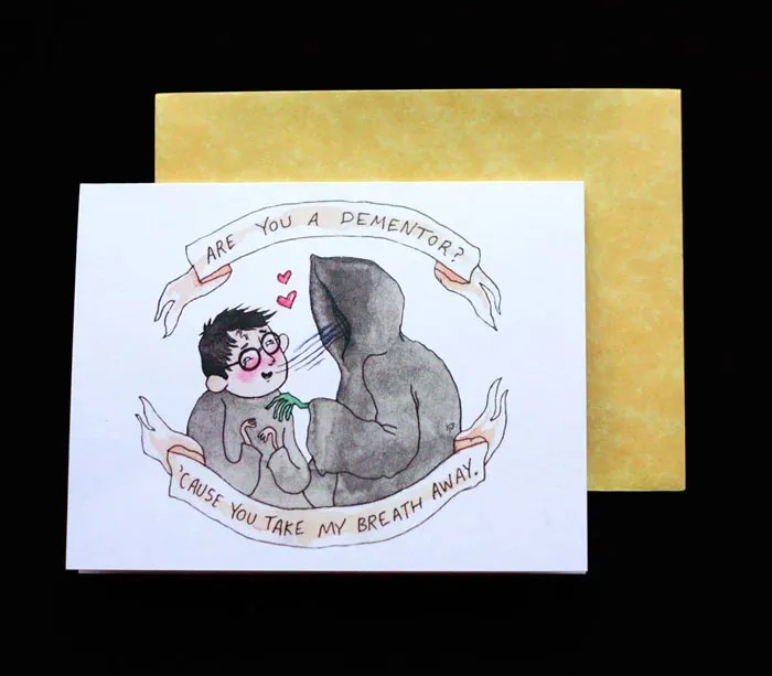Valentine's Day card with a wizard and hooded figure, featuring a humorous romantic message.
