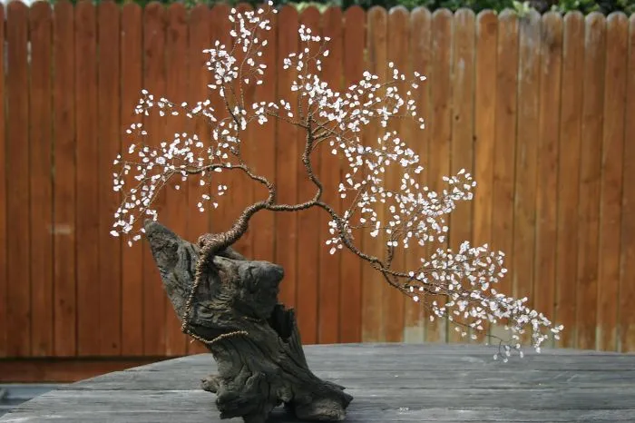 Sakura Bonsai - Copper Wire, Rose-quartz &amp; Bog Oak