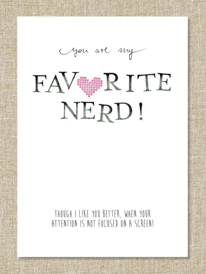 Valentine's Day card with "You are my favorite nerd!" and a pink pixel heart design.