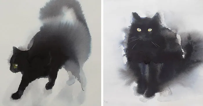 Gloomy Watercolor Cats Slowly Bleeding Into The Paper
