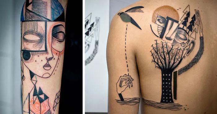 Artist Duo Creates Surreal Cubist Tattoos Based On Clients' Stories