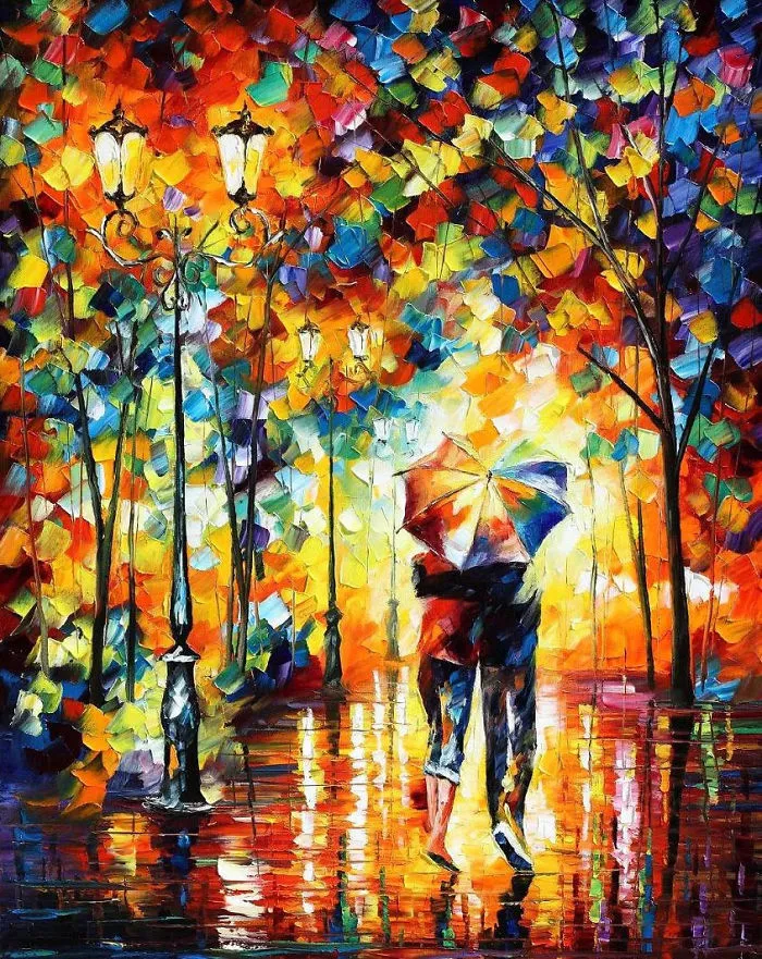 Under One Umbrella — Palette Knife Figure Modern Art Oil Painting On Canvas By Leonid Afremov