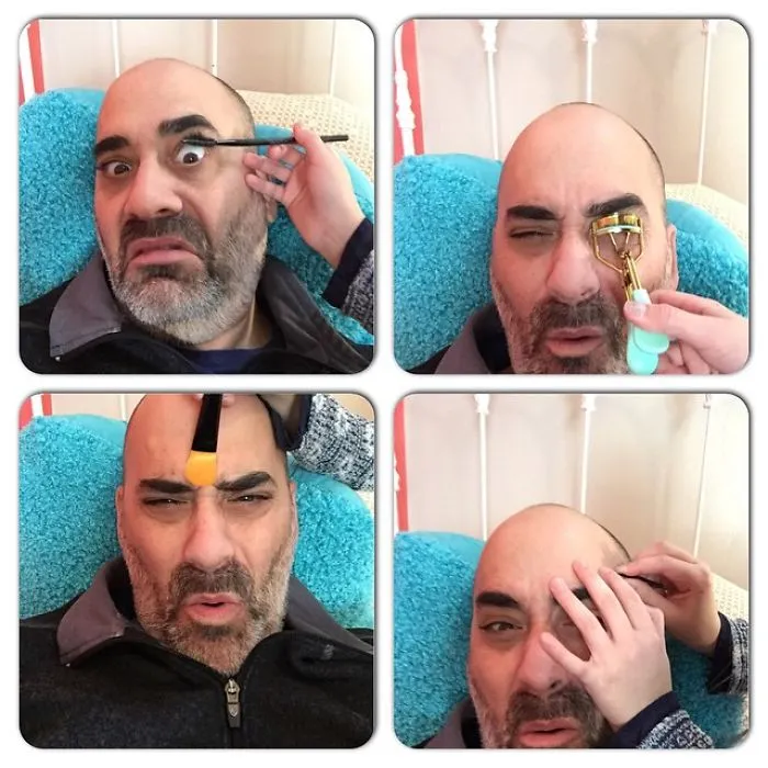 Padre dejando que su hija practique maquillaje con él