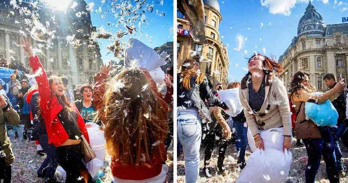 International Pillow Fight Day In Bucharest, Romania