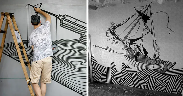 Artist Uses Tape Instead Of Paint To Create Beautiful Street Art