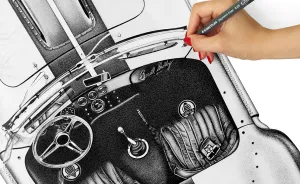 Pen And Ink Pointillist Drawing Of Shelby Cobra