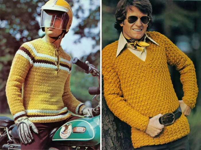 1970s men's fashion featuring colorful knit sweaters, one on a man with a helmet on a motorcycle, another by a tree in sunglasses.