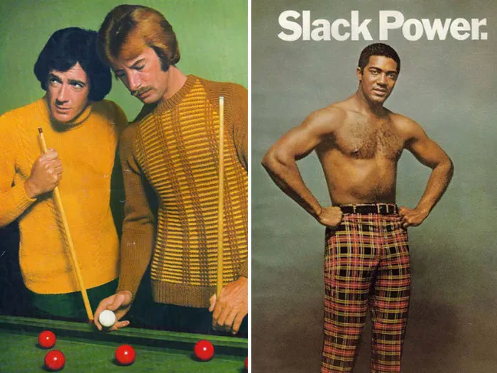 1970s men's fashion ads featuring bold plaid pants and vibrant knit sweaters at a billiards table.