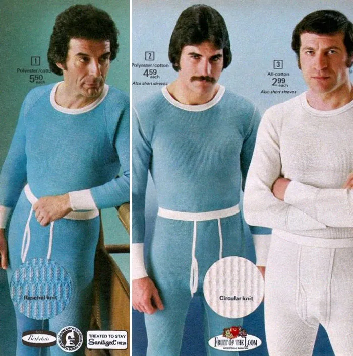 1970s men's fashion ad featuring models in blue and white knit long johns with circular and raschel knits.