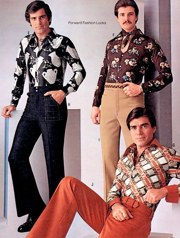 1970s men's fashion ads featuring men in patterned shirts and wide-legged pants, showcasing retro styles in vibrant colors.