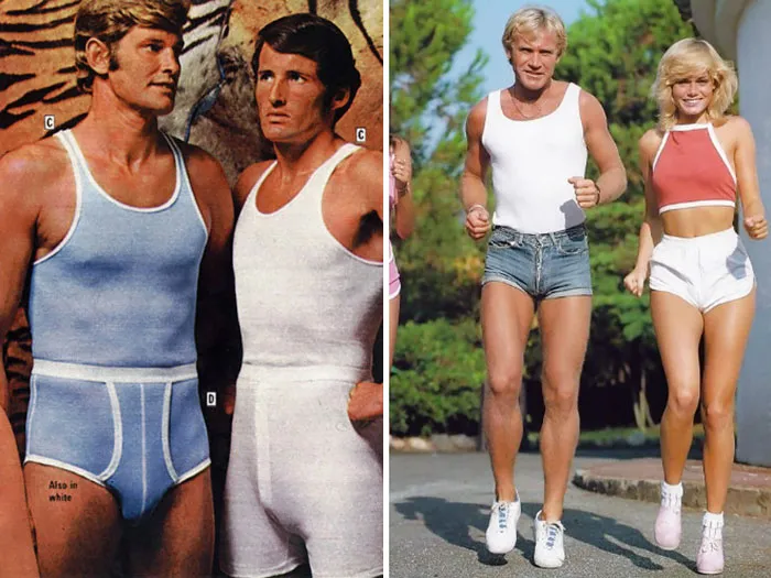 1970s men's fashion ads showing men in tank tops, shorts, and vintage athletic wear.