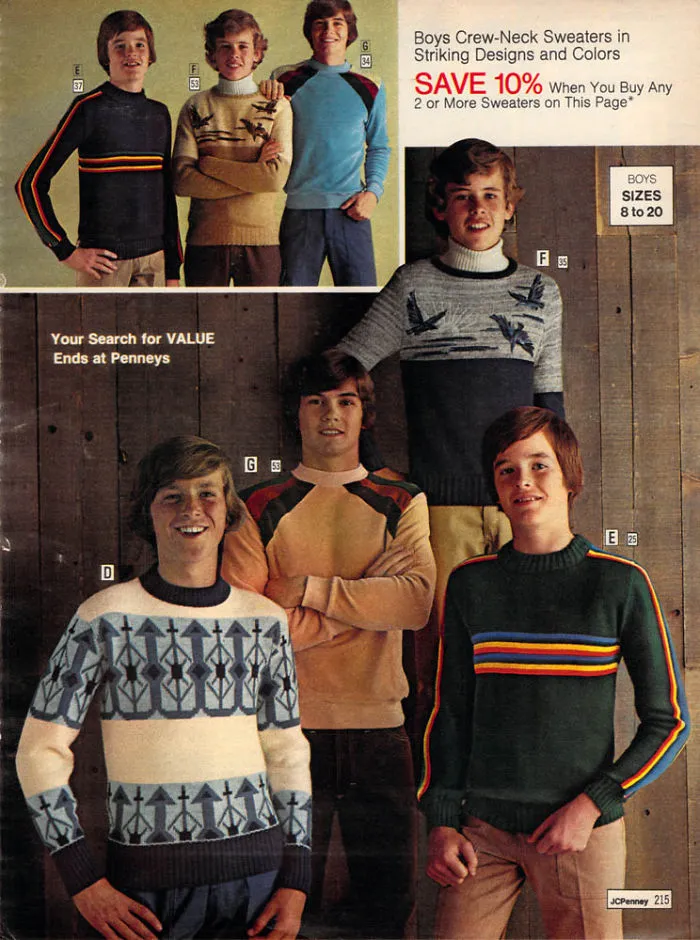 1970s men's fashion ad with five young men modeling colorful crew-neck sweaters.