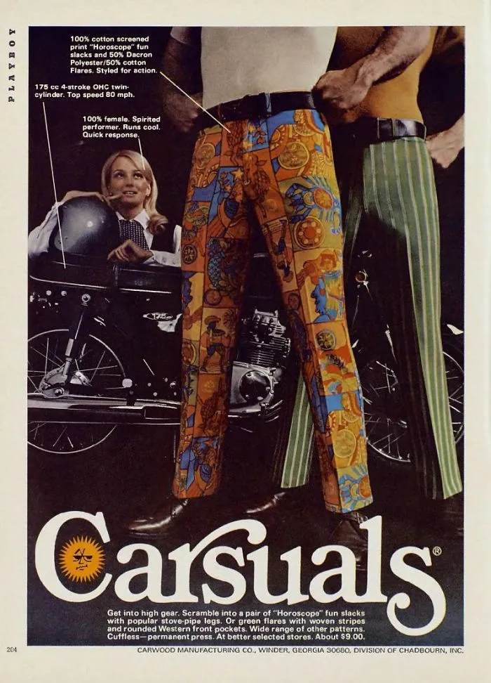 1970s men's fashion ad with colorful print pants and stripe flares alongside a vintage motorcycle.