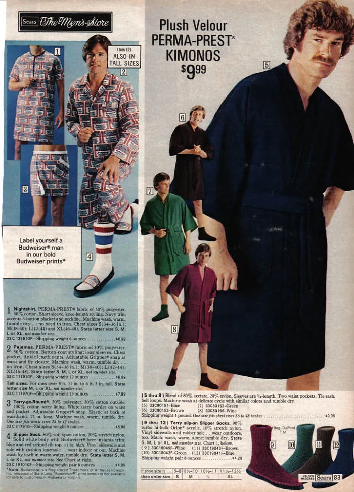 1970s men's fashion ad featuring colorful nightwear and plush velour kimonos from Sears.