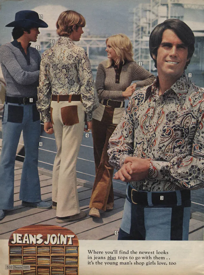 1970s men's fashion ad, featuring paisley shirts and flared jeans, in a vibrant boardwalk setting.